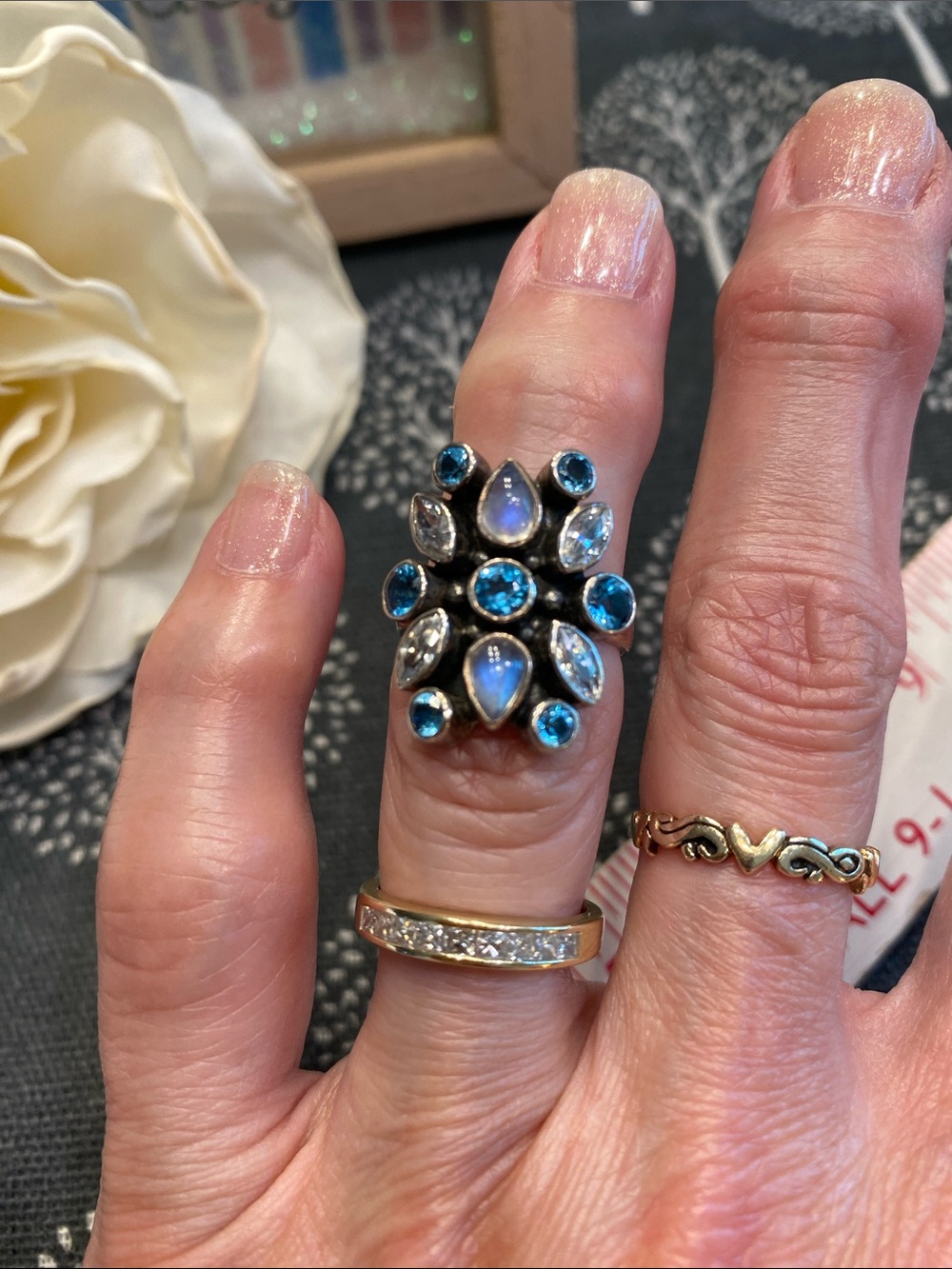 Nicky Butler Blue Topaz and Moonstone Cluster Ring 925